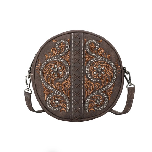 Montana West Handbags - Montana West Floral Embroidered Collection Circle Bag/Crossbody Coffee